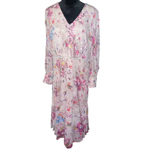 Mac Duggal Floral Beaded Sequin Chiffon Midi Dress Mauve Multi Womens Size 14 - Picture 3 of 12